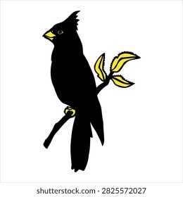Vector illustration of a black cardinal bird silhouette with a yellow beak perched on a leafy tree branch, isolated on a white background. Classic retro-style bird graphic design ideal for logos, nature emblems, apparel prints, and stickers.