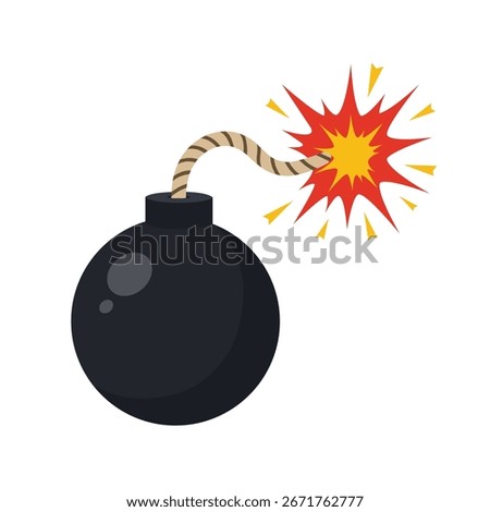 Vector illustration of a black cartoon bomb with a burning fuse and explosion spark. Great for game design, danger signs, and comic style graphics.