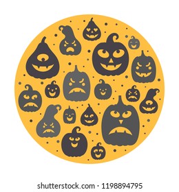 Vector illustration:  black carved pumpking icon on yellow moon isolated on white background. Decorative element for Halloween party greeting cards, posters, postcards, wrapping paper, scrapbooking
