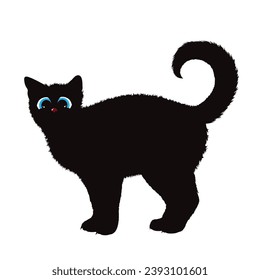Vector illustration of black cat with blue eyes on white background. Symbol of pet.