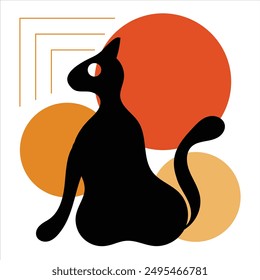 vector illustration black Cat in boho art style for wall art