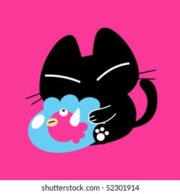 Vector illustration - Black Cat Catching Fish. Created with adobe illustrator.