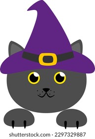 Vector illustration of black cat character in witch hat in cartoon style for Halloween fabric and textile design