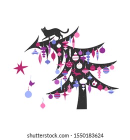 Vector illustration of a black cat climbing Christmas tree and tossing ornaments to the floor