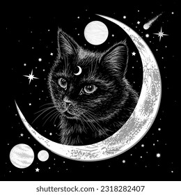 Vector illustration of a black cat in engraving style on a background of space