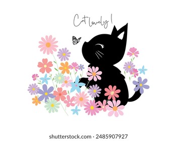 Vector illustration, black cat and flowers in different colors, cat lovely.  Design for printing on shirt, Templates for celebration, poster, banner. Lovely print for t-shirt
