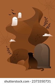 Vector illustration of a black cat and ghosts in front of a tombstone.