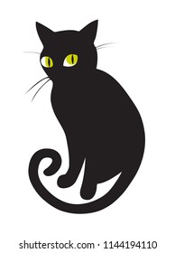 Vector illustration of black cat with green eyes, silhouette isolated on white, minimalistic design