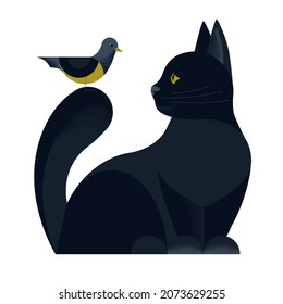Vector illustration of a black cat and a grey and golden bird sitting on cat's tale. Animals, characters. Friendship. Cute style, noise texture. Paws and wings
