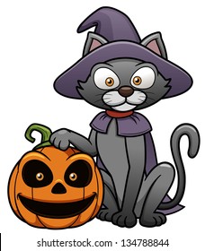 Vector illustration of black cat with Halloween pumpkin