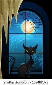vector illustration of black cat in Halloween night
