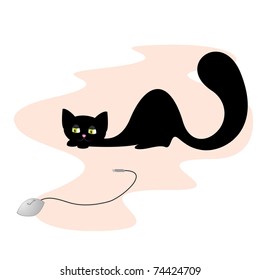 Vector illustration of black cat hunting for computer mouse