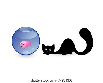 Vector illustration of black cat hunting for little fish