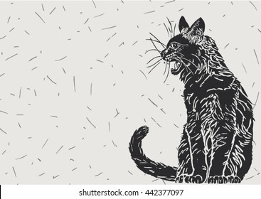 Vector illustration of black cat, isolated over light gray colored background with thin dark lines. 
