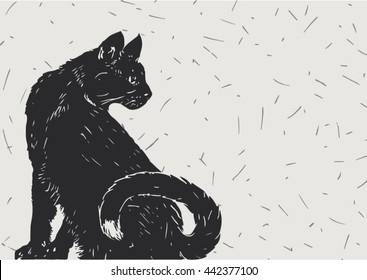 Vector illustration of black cat, isolated over light gray colored background with thin dark lines. 