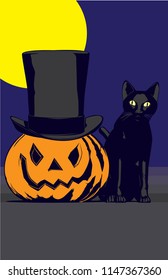 A vector illustration of a black  cat and a jack-o-lantern, with a top hat, in front of a full moon. Perfect for all of your Halloween needs. 