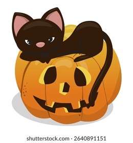 Vector illustration of a black cat lounging on a carved Jack-O -Lantern pumpkin. The image captures a playful Halloween theme perfect for festive decorations and designs.