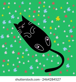 Vektorillustration einer schwarzen Katze, die auf dem grünen Feld liegt und mit Blumen bedeckt ist. Nette Katzen-Illustration für eine Katzen-Mama