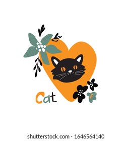 vector illustration of a black cat on an orange heart with floral ornament