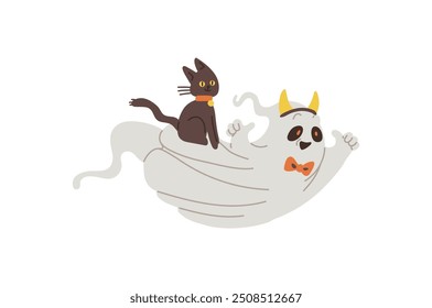 Vector illustration of a black cat on a cute ghost with horns and a bow tie. This playful design is perfect for Halloween, presented in a flat cartoon style on an isolated background.