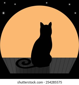Vector illustration of black cat on a roof