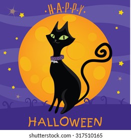 Vector illustration of black cat on the moon night background. Halloween art