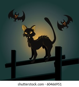 Vector illustration of a black cat on a fence and a vampire bat on Halloween night.