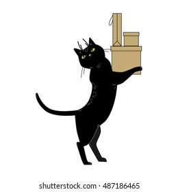 Vector illustration. Black cat with packages.