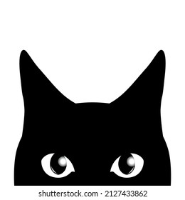 Vector illustration of a black cat peeking out on a white background.