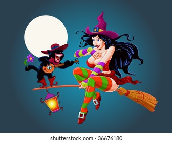 vector illustration, black cat playing guitar to a witch, halloween concept