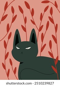 Ilustración vectorial de un gato negro con orejas puntiagudas mirando atentamente hacia adelante. Adecuado para su uso en carteles, postales, materiales impresos, así como para la decoración de interiores o Diseño web