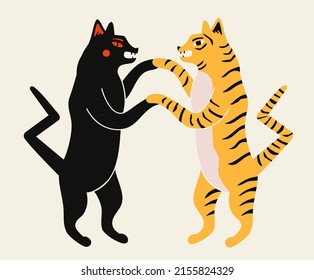 Vector illustration with black cat or puma and yellow tiger. Apparel print design, sticker template