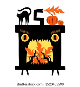 Vector illustration with black cat, pumpkins and crazy angry fireplace with fire and wood. Funny autumn print design, october halloween party flyer decoration element