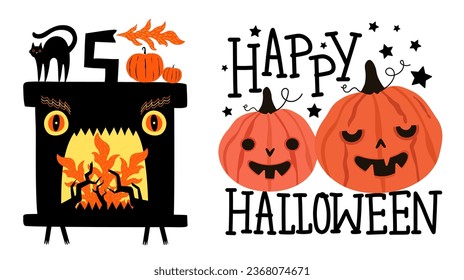 Vector illustration with black cat, pumpkins and crazy angry fireplace with fire and wood. Happy Halloween lettering poster. Funny autumn print design, october halloween party flyer decoration element