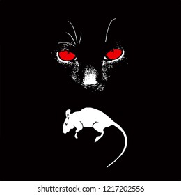 Vector illustration of a black cat with a red eye with a dead rat. 