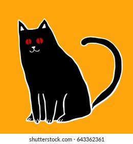 Vector illustration of black cat with red eyes.