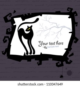 Vector illustration with black cat silhouette. Halloween template.