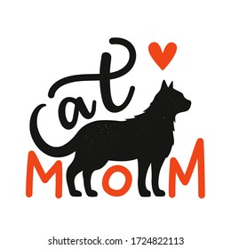 Vector illustration with black cat silhouette, red heart and lettering phrase. Cat Mom. Funny typography poster, apparel print design with domestic animal