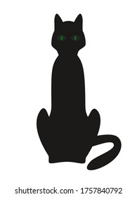 Vector illustration black cat silhouette on a white background. Green eyes. Halloween cat.