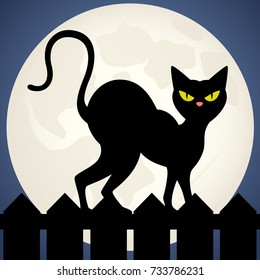 Vector illustration of a black cat silhouetted against the moon, walking along a fence.