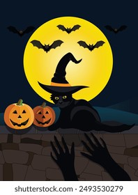 Vector Illustration Black Cat sitting with Plumpkin on night Halloween. Bat flying on the background of a full moon.