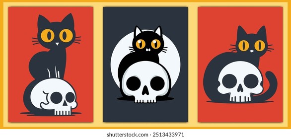 Vector illustration of a black cat with a skull in a modern, minimalist style. Bold colors and simple shapes make it ideal for Halloween designs, spooky decor, or themed digital graphics