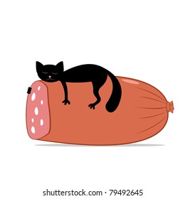 Vector illustration of black cat is sleeping on the huge sausage