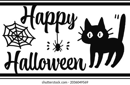 Vector illustration of a black cat surprised by a spider, label design for Halloween.