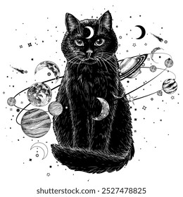 Vector illustration of a black cat surrounded by a galaxy with planets in an engraving style