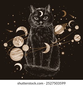 Vector illustration of a black cat surrounded by a galaxy with planets in an engraving style