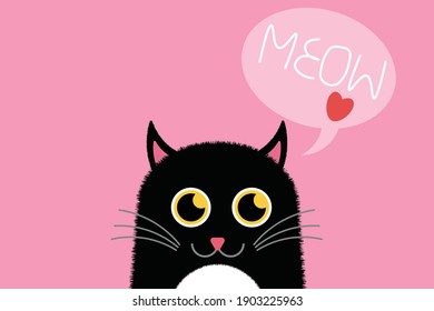 Vector illustration of a black cat and the text "meow" on a pink color background.