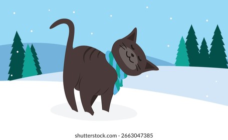Ilustração vetorial de um gato preto andando na neve. Personagem de desenho animado bonito.