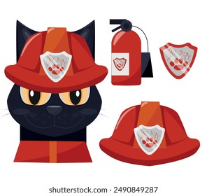 Ilustración vectorial de un gato negro con uniforme rojo de bombero y cosas pertenecientes a un bombero, para el día del gato y el día de la profesión, aislado sobre fondo blanco