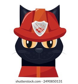 vector illustration of a black cat wearing a red fireman's uniform, for cat day and profession day, isolated on white background